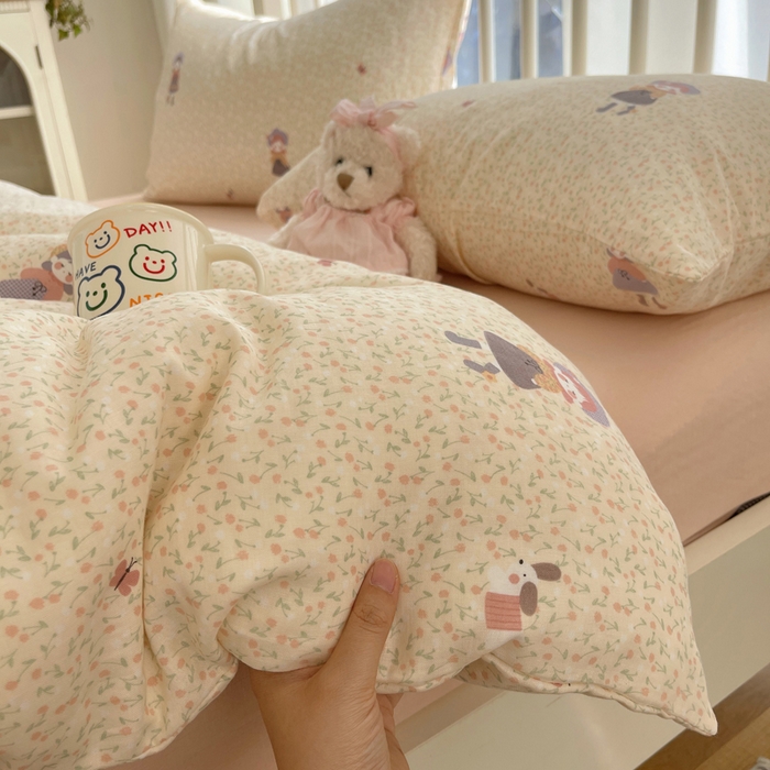 91家纺网 家纺一手货源 找家纺 XIWEN-希文家纺 2025新款A类全棉纯棉有氧双层纱四件套 春日女孩