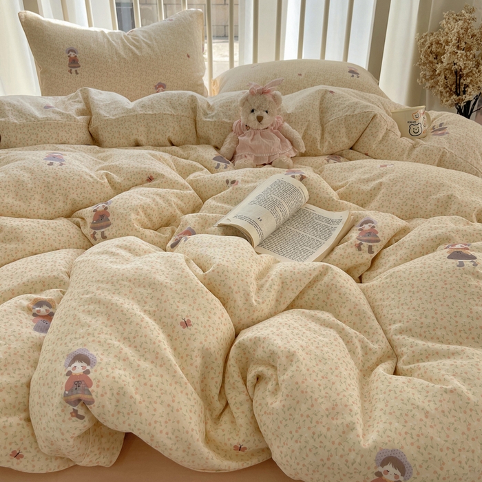 91家纺网 家纺一手货源 找家纺 XIWEN-希文家纺 2025新款A类全棉纯棉有氧双层纱四件套 春日女孩