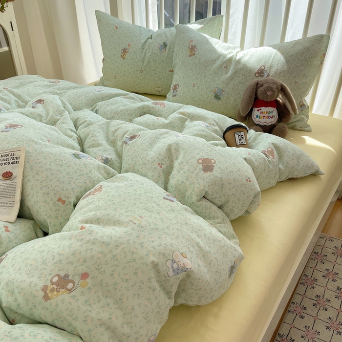 91家纺网 家纺一手货源 找家纺 XIWEN-希文家纺 2025新款A类全棉纯棉有氧双层纱四件套 少女象-绿