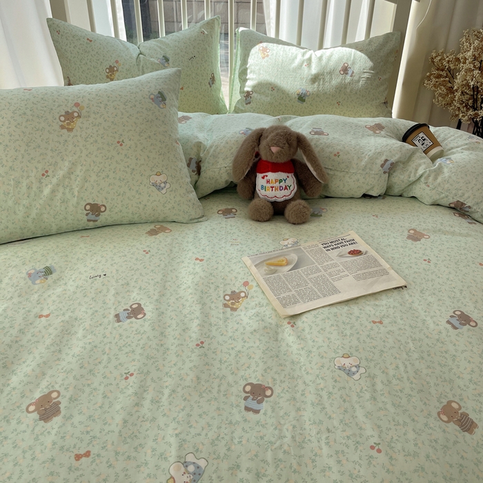 91家纺网 家纺一手货源 找家纺 XIWEN-希文家纺 2025新款A类全棉纯棉有氧双层纱四件套 少女象-绿