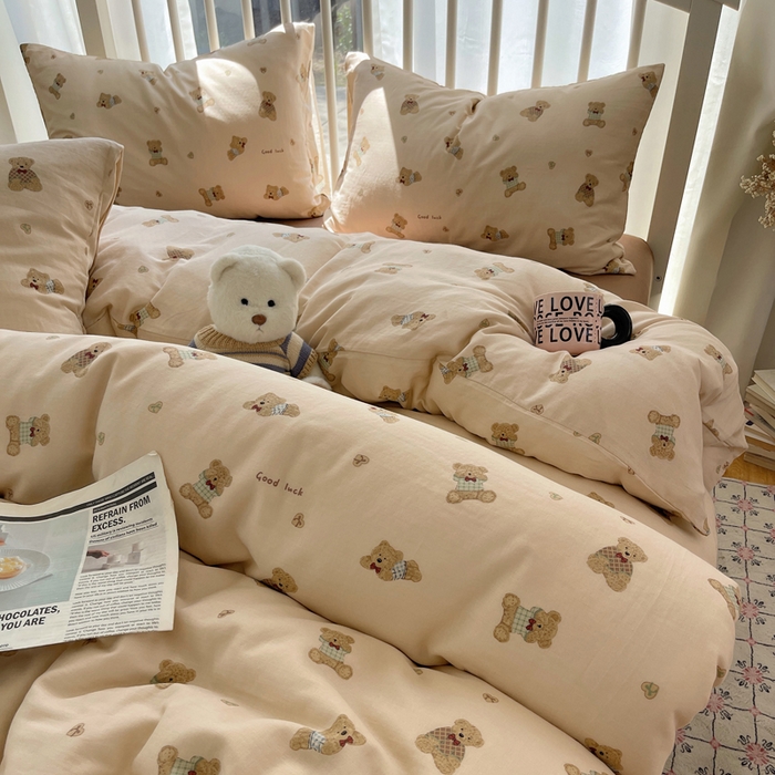 91家纺网 家纺一手货源 找家纺 XIWEN-希文家纺 2025新款A类全棉纯棉有氧双层纱四件套 嘿嘿熊