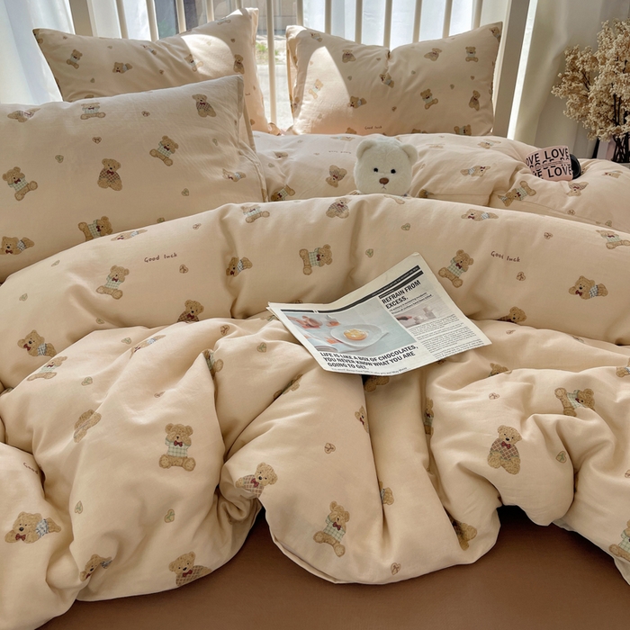 91家纺网 家纺一手货源 找家纺 XIWEN-希文家纺 2025新款A类全棉纯棉有氧双层纱四件套 嘿嘿熊