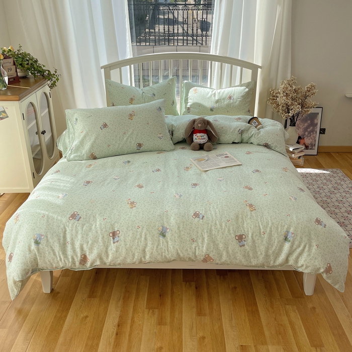 91家纺网 家纺一手货源 找家纺 XIWEN-希文家纺 2025新款A类全棉纯棉有氧双层纱四件套 少女象-绿