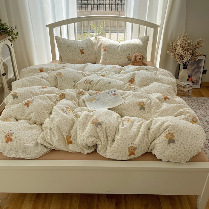 91家纺网 家纺一手货源 找家纺 XIWEN-希文家纺 2025新款A类全棉纯棉有氧双层纱四件套 萌萌狮