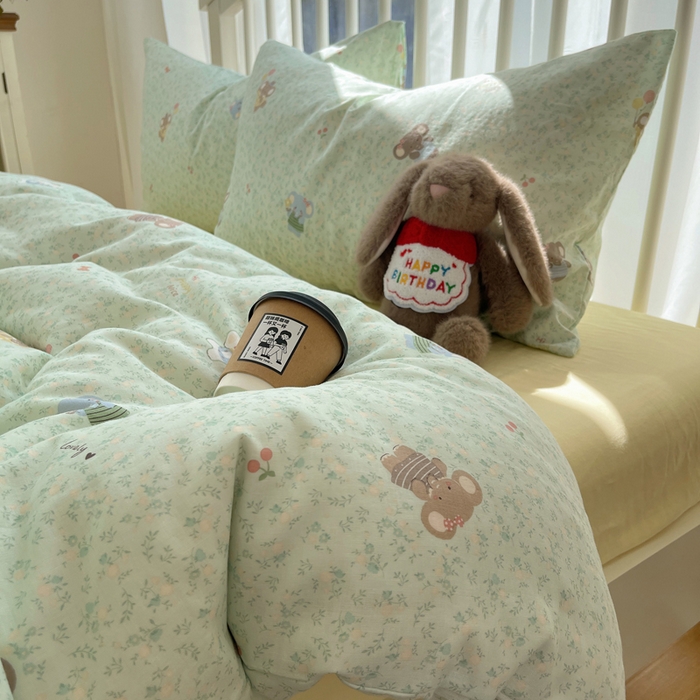 91家纺网 家纺一手货源 找家纺 XIWEN-希文家纺 2025新款A类全棉纯棉有氧双层纱四件套 少女象-绿