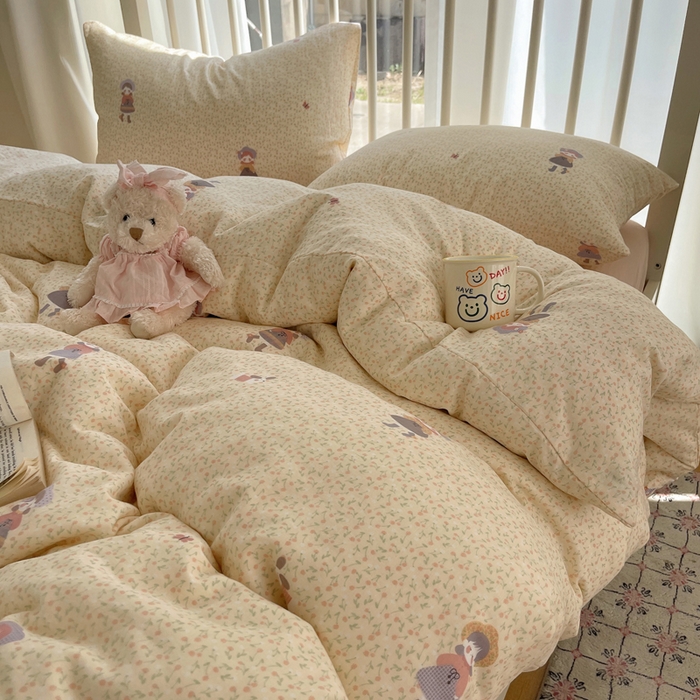 91家纺网 家纺一手货源 找家纺 XIWEN-希文家纺 2025新款A类全棉纯棉有氧双层纱四件套 春日女孩