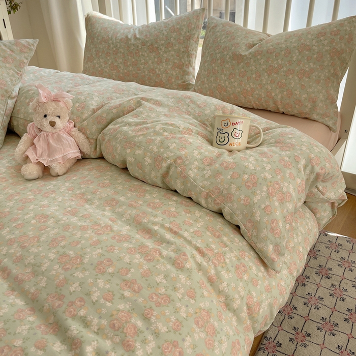91家纺网 家纺一手货源 找家纺 XIWEN-希文家纺 2025新款A类全棉纯棉有氧双层纱四件套 玫瑰故事-绿
