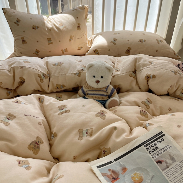 91家纺网 家纺一手货源 找家纺 XIWEN-希文家纺 2025新款A类全棉纯棉有氧双层纱四件套 嘿嘿熊