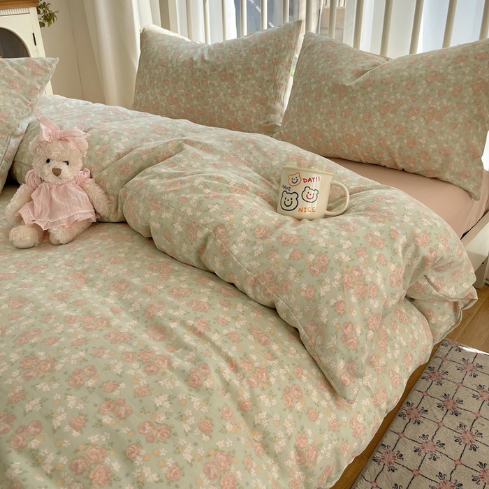 91家纺网 家纺一手货源 找家纺 XIWEN-希文家纺 2025新款A类全棉纯棉有氧双层纱四件套 玫瑰故事-绿