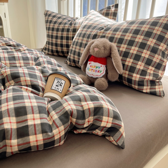 91家纺网 家纺一手货源 找家纺 XIWEN-希文家纺 2025新款A类全棉纯棉有氧双层纱四件套 苏格兰-灰