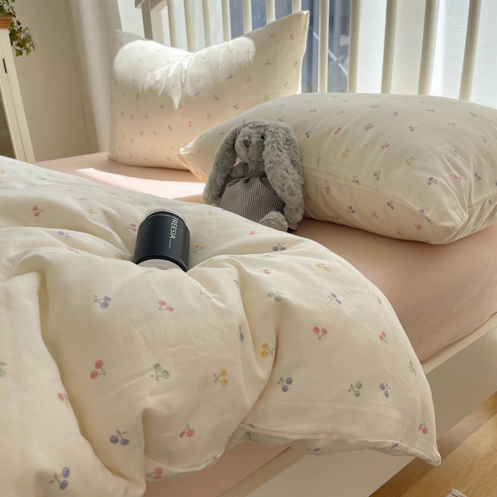 91家纺网 家纺一手货源 找家纺 XIWEN-希文家纺 2025新款A类全棉纯棉有氧双层纱四件套 水果樱桃