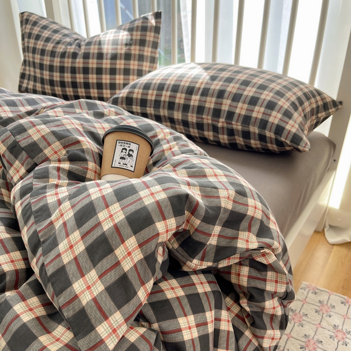 91家纺网 家纺一手货源 找家纺 XIWEN-希文家纺 2025新款A类全棉纯棉有氧双层纱四件套 苏格兰-灰