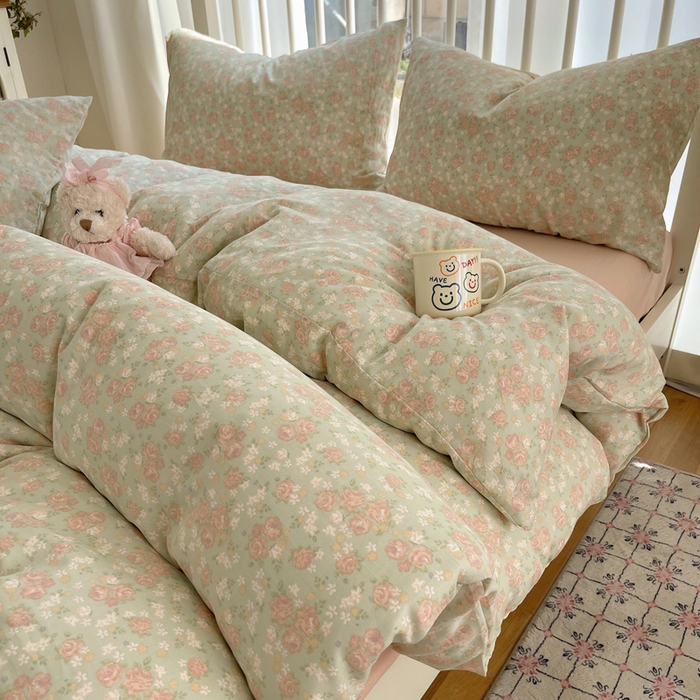 XIWEN-希文家纺 2025新款A类全棉纯棉有氧双层纱四件套 玫瑰故事-绿