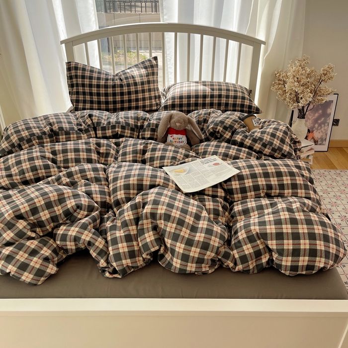 91家纺网 家纺一手货源 找家纺 XIWEN-希文家纺 2025新款A类全棉纯棉有氧双层纱四件套 苏格兰-灰