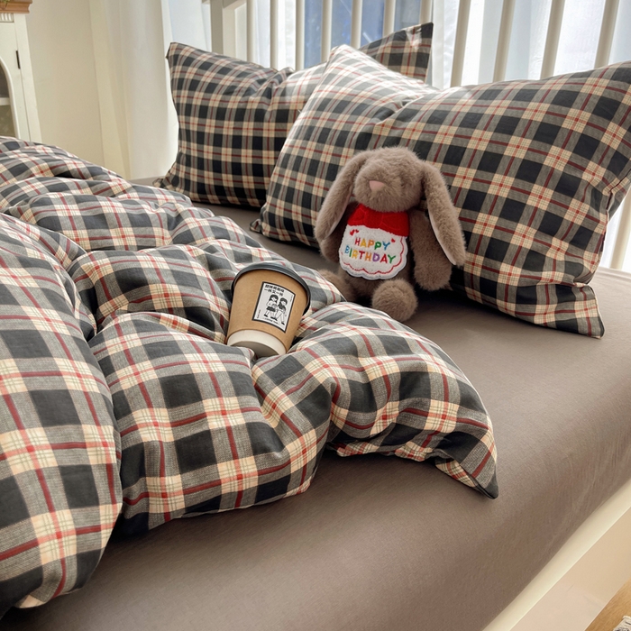 91家纺网 家纺一手货源 找家纺 XIWEN-希文家纺 2025新款A类全棉纯棉有氧双层纱四件套 苏格兰-灰