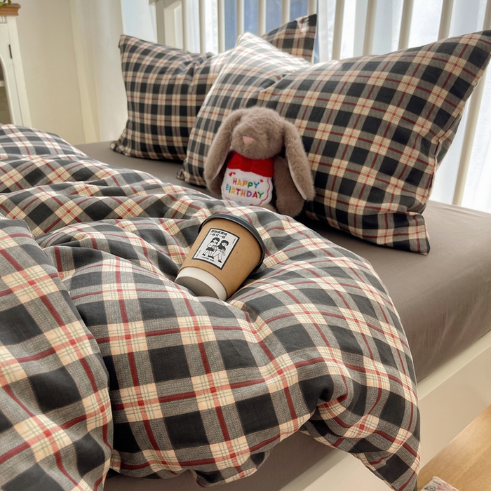 91家纺网 家纺一手货源 找家纺 XIWEN-希文家纺 2025新款A类全棉纯棉有氧双层纱四件套 苏格兰-灰