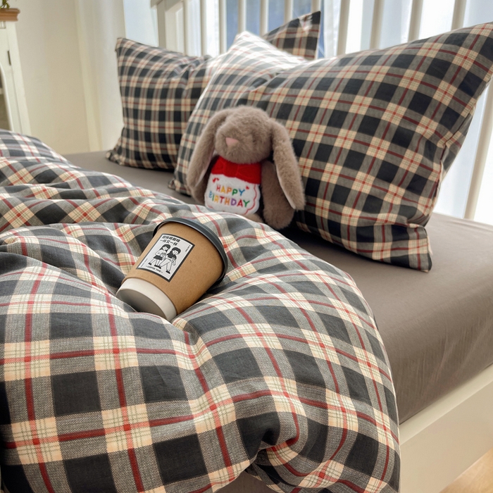 91家纺网 家纺一手货源 找家纺 XIWEN-希文家纺 2025新款A类全棉纯棉有氧双层纱四件套 苏格兰-灰