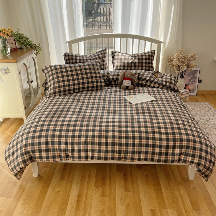 91家纺网 家纺一手货源 找家纺 XIWEN-希文家纺 2025新款A类全棉纯棉有氧双层纱四件套 苏格兰-灰