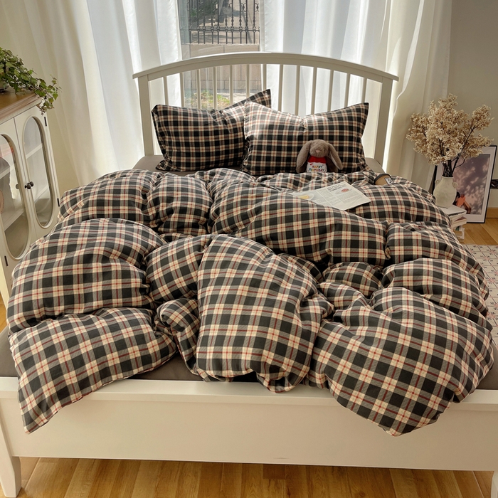 91家纺网 家纺一手货源 找家纺 XIWEN-希文家纺 2025新款A类全棉纯棉有氧双层纱四件套 苏格兰-灰