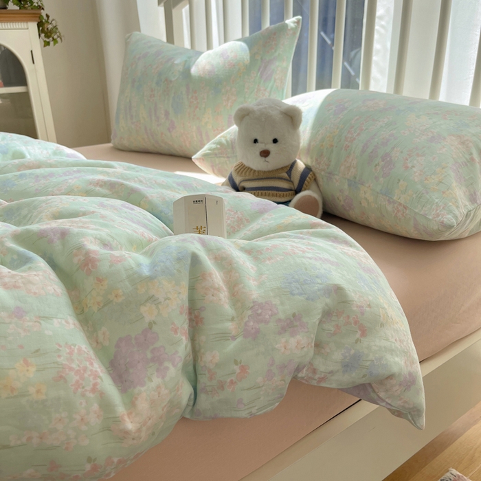 91家纺网 家纺一手货源 找家纺 XIWEN-希文家纺 2025新款A类全棉纯棉有氧双层纱四件套 艺朵-绿