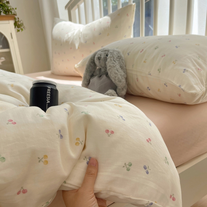 91家纺网 家纺一手货源 找家纺 XIWEN-希文家纺 2025新款A类全棉纯棉有氧双层纱四件套 水果樱桃