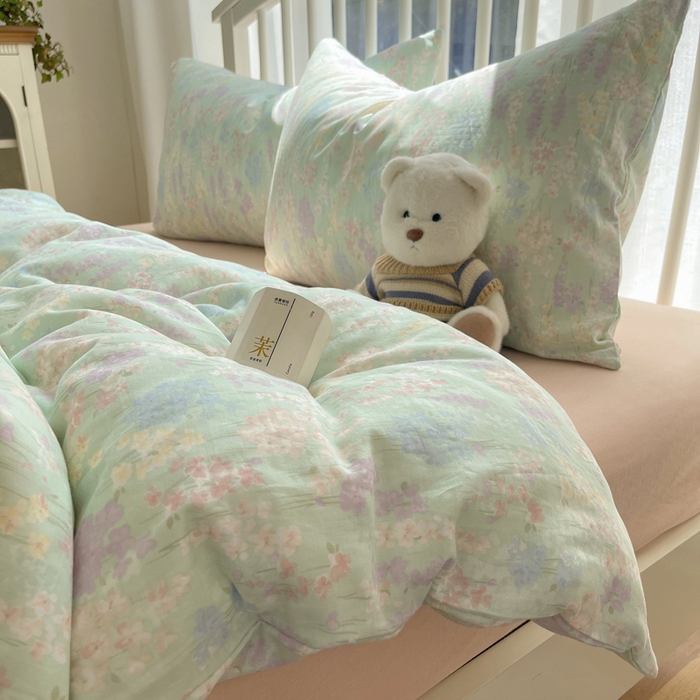 91家纺网 家纺一手货源 找家纺 XIWEN-希文家纺 2025新款A类全棉纯棉有氧双层纱四件套 艺朵-绿