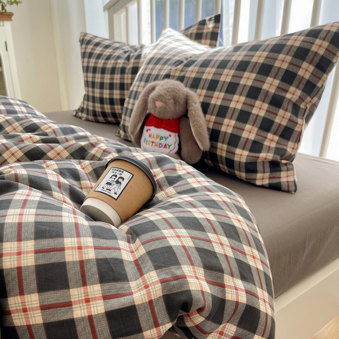 91家纺网 家纺一手货源 找家纺 XIWEN-希文家纺 2025新款A类全棉纯棉有氧双层纱四件套 苏格兰-灰