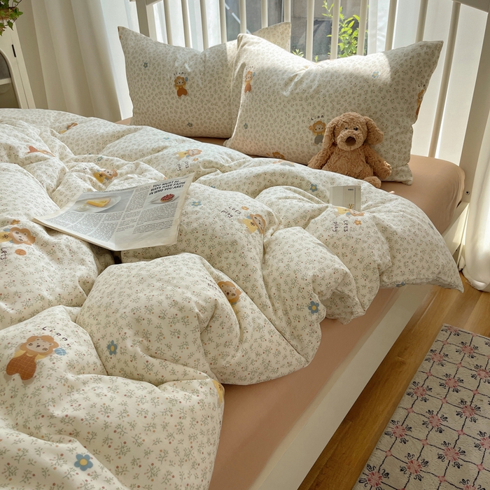 91家纺网 家纺一手货源 找家纺 XIWEN-希文家纺 2025新款A类全棉纯棉有氧双层纱四件套 萌萌狮