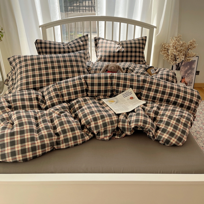 91家纺网 家纺一手货源 找家纺 XIWEN-希文家纺 2025新款A类全棉纯棉有氧双层纱四件套 苏格兰-灰