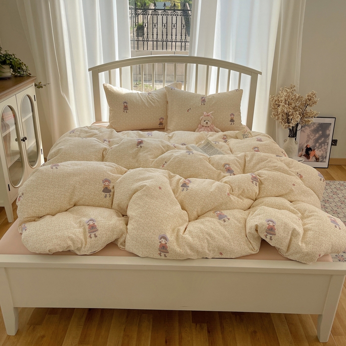 91家纺网 家纺一手货源 找家纺 XIWEN-希文家纺 2025新款A类全棉纯棉有氧双层纱四件套 春日女孩