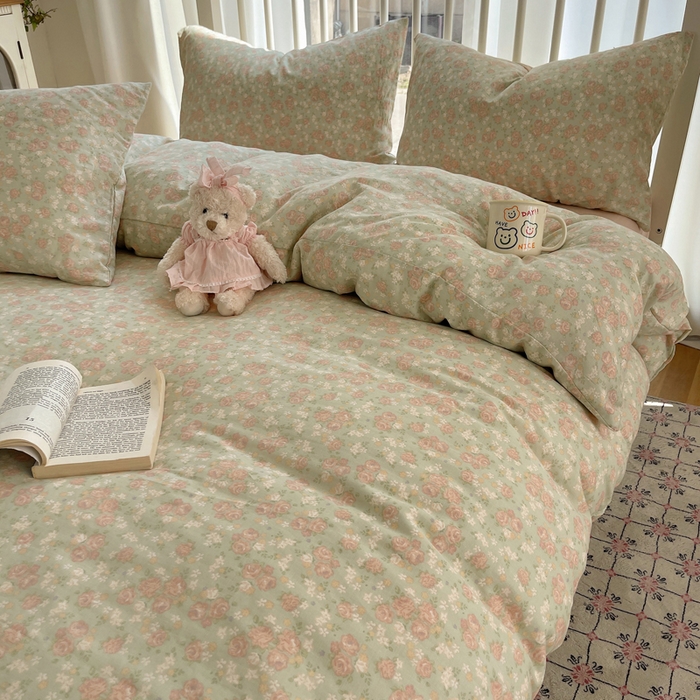 91家纺网 家纺一手货源 找家纺 XIWEN-希文家纺 2025新款A类全棉纯棉有氧双层纱四件套 玫瑰故事-绿