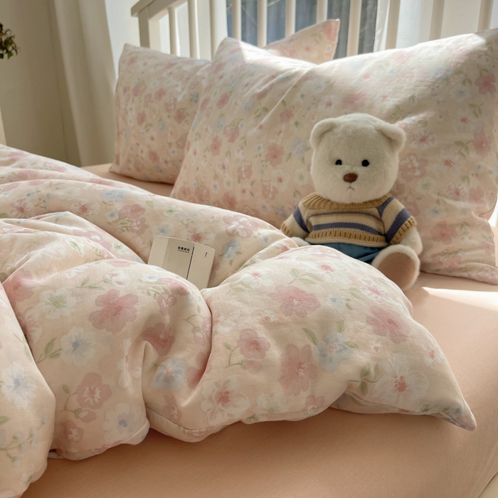 91家纺网 家纺一手货源 找家纺 XIWEN-希文家纺 2025新款A类全棉纯棉有氧双层纱四件套 清桃粉