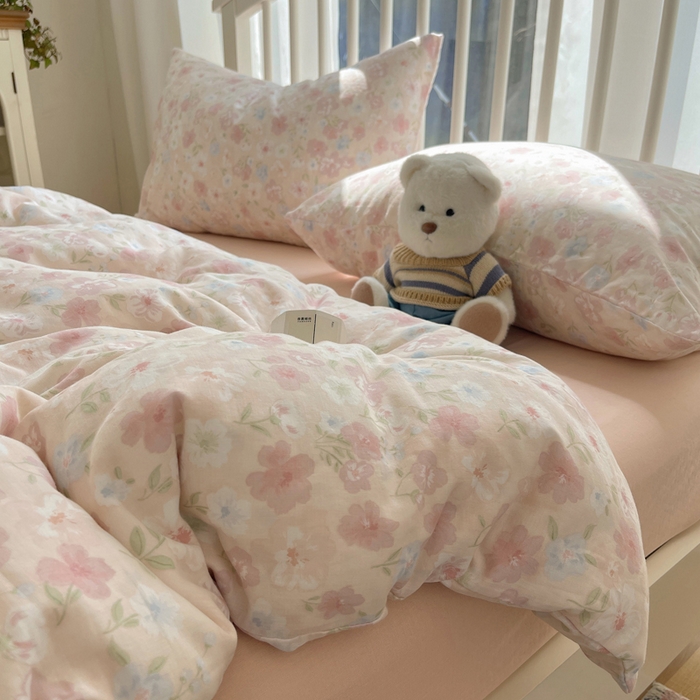 91家纺网 家纺一手货源 找家纺 XIWEN-希文家纺 2025新款A类全棉纯棉有氧双层纱四件套 清桃粉