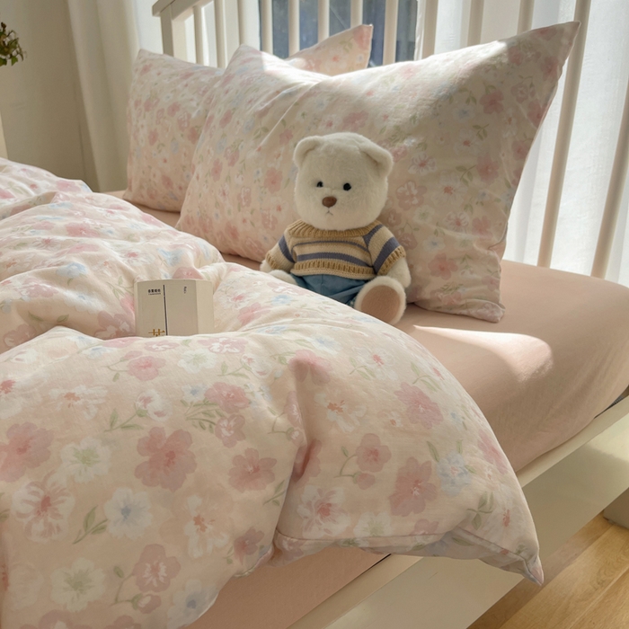 91家纺网 家纺一手货源 找家纺 XIWEN-希文家纺 2025新款A类全棉纯棉有氧双层纱四件套 清桃粉