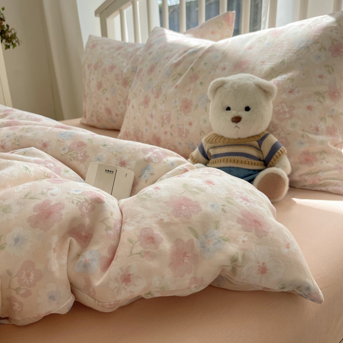 91家纺网 家纺一手货源 找家纺 XIWEN-希文家纺 2025新款A类全棉纯棉有氧双层纱四件套 清桃粉