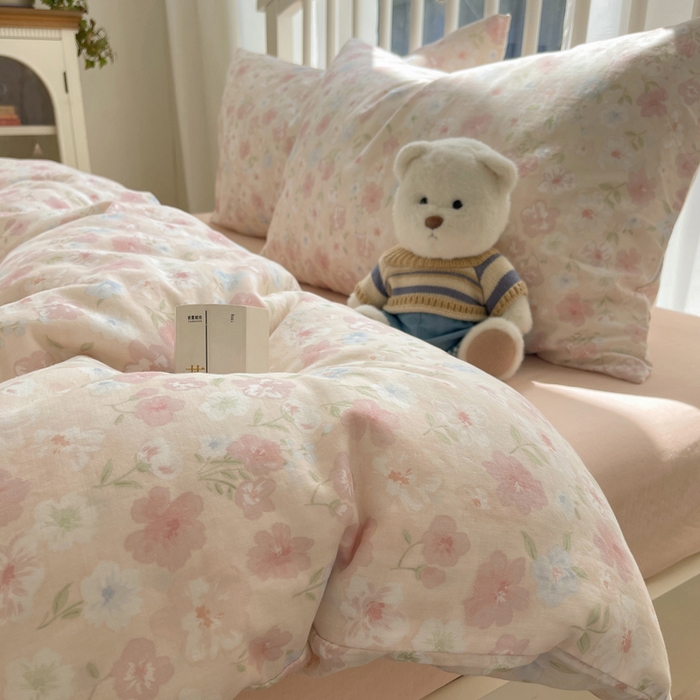 91家纺网 家纺一手货源 找家纺 XIWEN-希文家纺 2025新款A类全棉纯棉有氧双层纱四件套 清桃粉