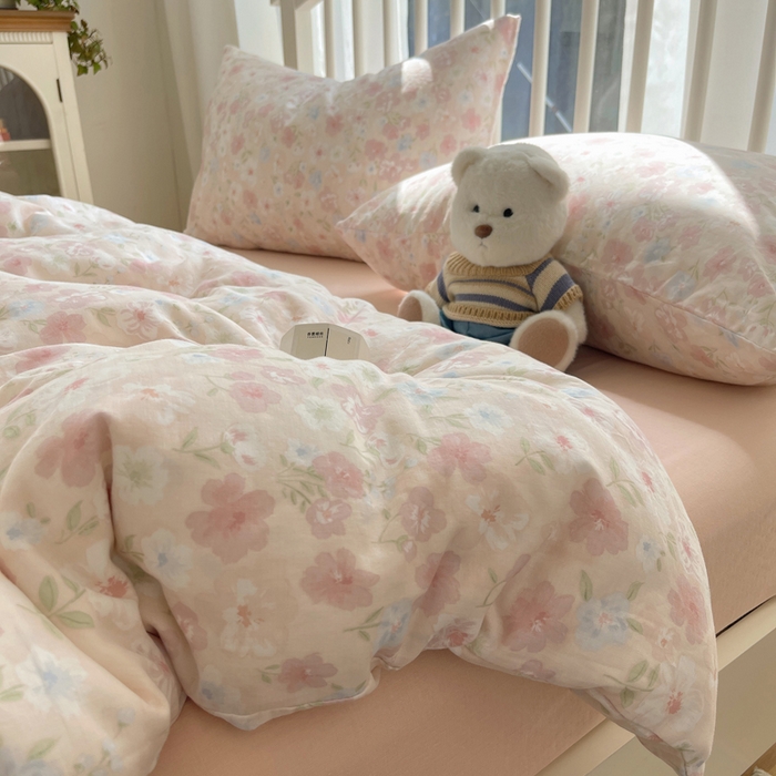 91家纺网 家纺一手货源 找家纺 XIWEN-希文家纺 2025新款A类全棉纯棉有氧双层纱四件套 清桃粉