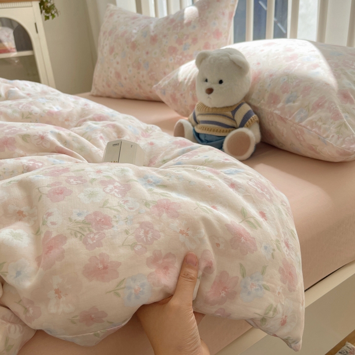 91家纺网 家纺一手货源 找家纺 XIWEN-希文家纺 2025新款A类全棉纯棉有氧双层纱四件套 清桃粉