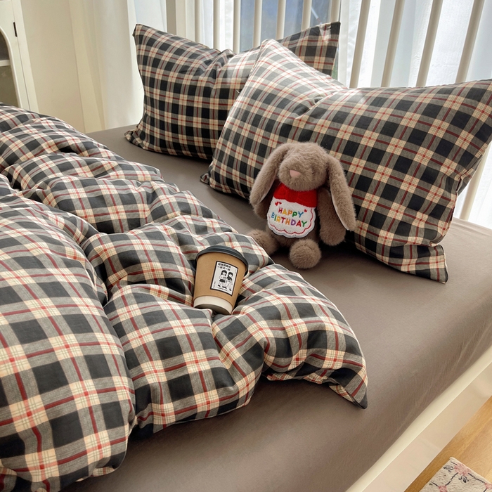 91家纺网 家纺一手货源 找家纺 XIWEN-希文家纺 2025新款A类全棉纯棉有氧双层纱四件套 苏格兰-灰