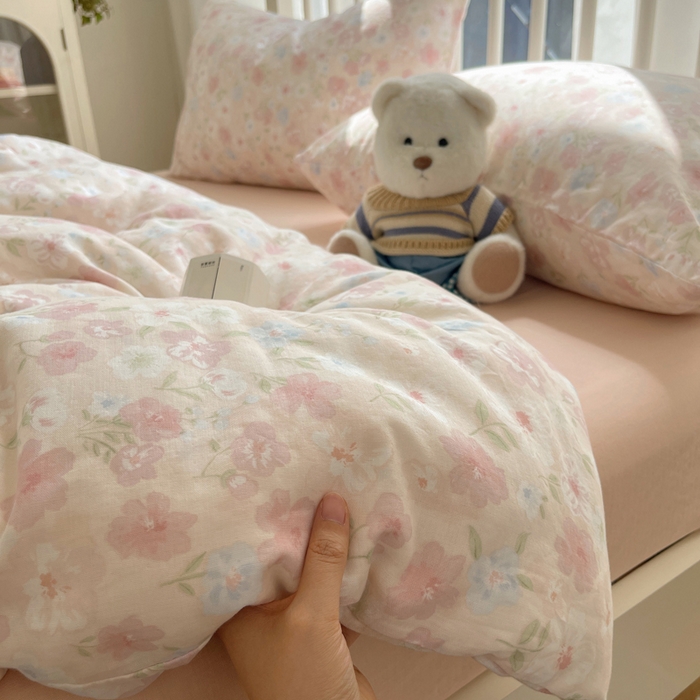 91家纺网 家纺一手货源 找家纺 XIWEN-希文家纺 2025新款A类全棉纯棉有氧双层纱四件套 清桃粉