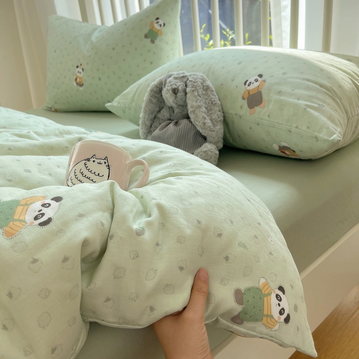 91家纺网 家纺一手货源 找家纺 XIWEN-希文家纺 2025新款A类全棉纯棉有氧双层纱四件套 功夫熊猫