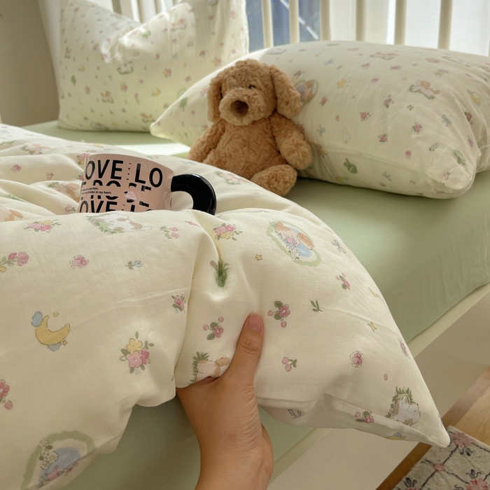 91家纺网 家纺一手货源 找家纺 XIWEN-希文家纺 2025新款A类全棉纯棉有氧双层纱四件套 田园小狗