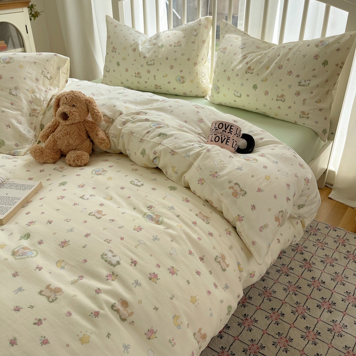 91家纺网 家纺一手货源 找家纺 XIWEN-希文家纺 2025新款A类全棉纯棉有氧双层纱四件套 田园小狗