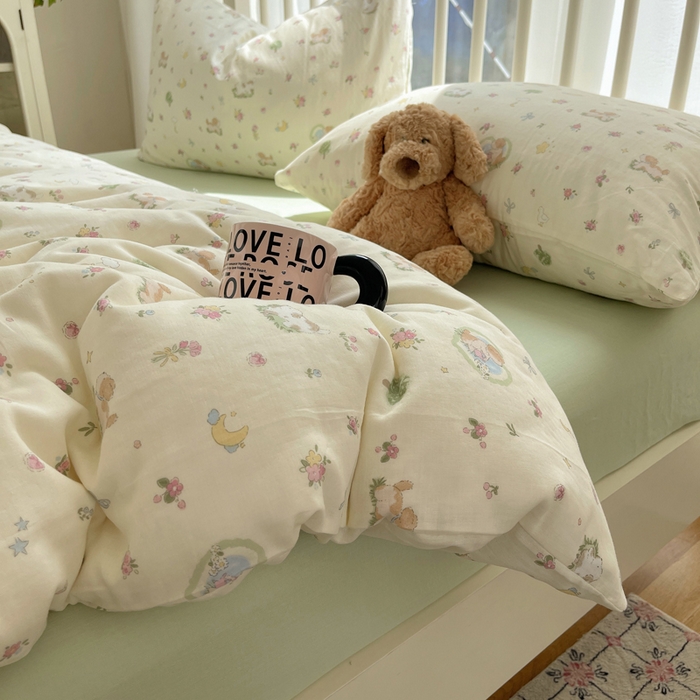 91家纺网 家纺一手货源 找家纺 XIWEN-希文家纺 2025新款A类全棉纯棉有氧双层纱四件套 田园小狗