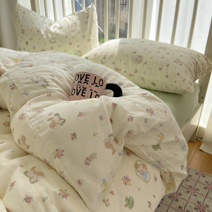 91家纺网 家纺一手货源 找家纺 XIWEN-希文家纺 2025新款A类全棉纯棉有氧双层纱四件套 田园小狗