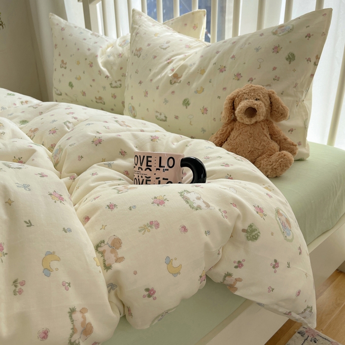 91家纺网 家纺一手货源 找家纺 XIWEN-希文家纺 2025新款A类全棉纯棉有氧双层纱四件套 田园小狗