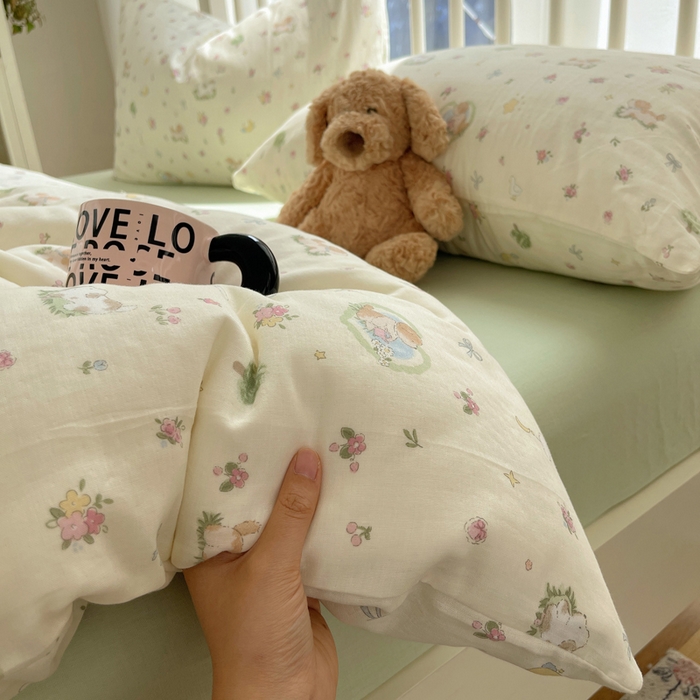 91家纺网 家纺一手货源 找家纺 XIWEN-希文家纺 2025新款A类全棉纯棉有氧双层纱四件套 田园小狗