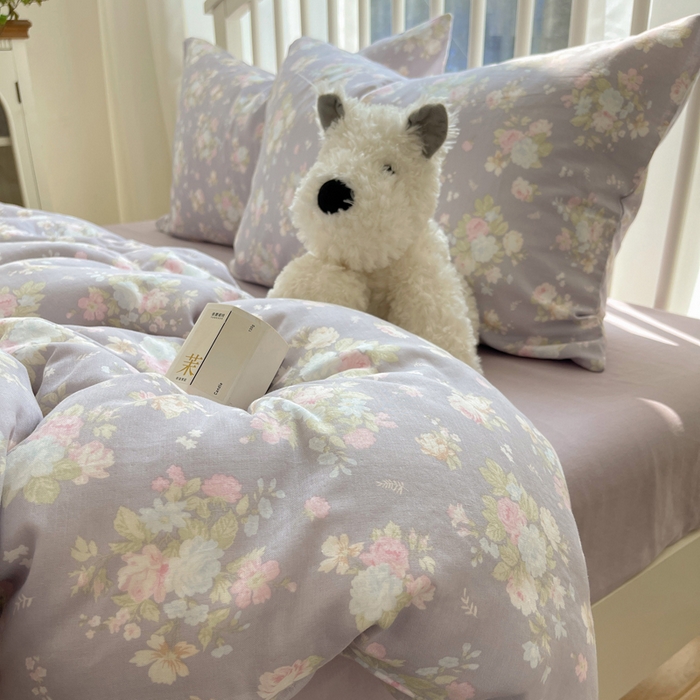 91家纺网 家纺一手货源 找家纺 XIWEN-希文家纺 2025新款A类全棉纯棉有氧双层纱四件套 山花漫 -紫