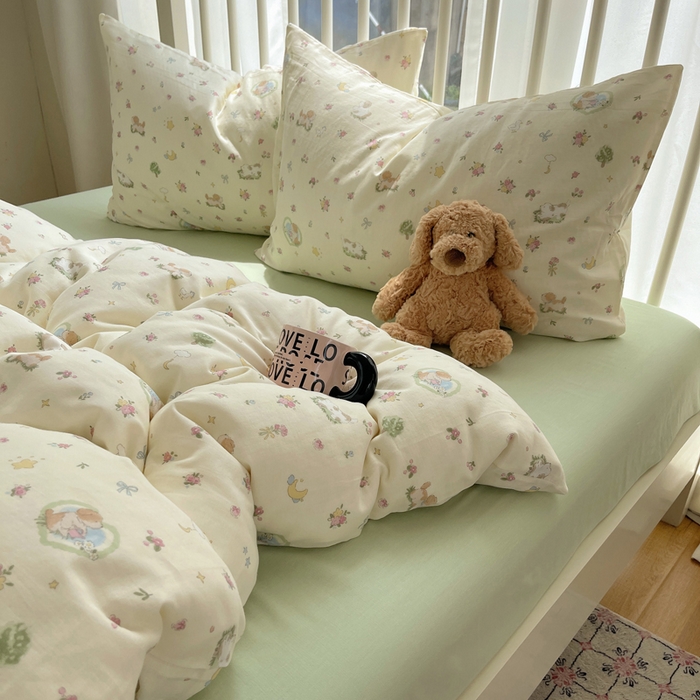 91家纺网 家纺一手货源 找家纺 XIWEN-希文家纺 2025新款A类全棉纯棉有氧双层纱四件套 田园小狗