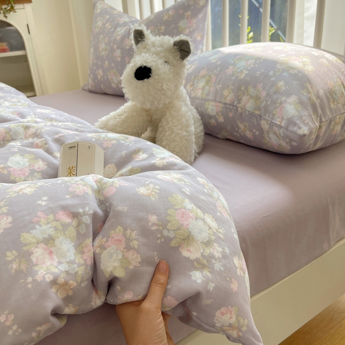 91家纺网 家纺一手货源 找家纺 XIWEN-希文家纺 2025新款A类全棉纯棉有氧双层纱四件套 山花漫 -紫